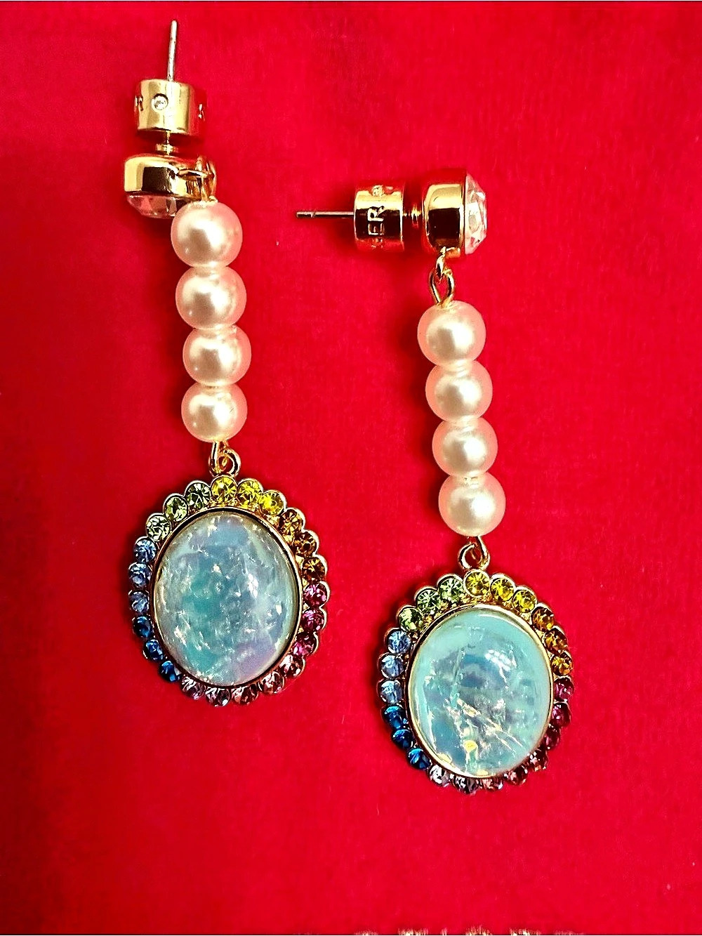 Kurt Geiger Pearl Drop Earrings in Gold & Blue new in pink duster